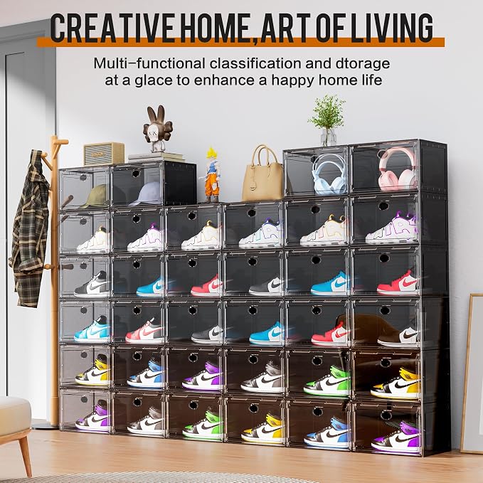 KEFA XL Shoe Storage Box Organizer, 8 Pack Shoe Boxes Clear Plastic Stackable, Sneaker Display Case Container Fit for US 13 (Side 8 PACK GREY)