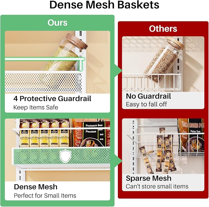 Over the Door Pantry Organizer - 8 Tiers Height Adjustable Pantry Organizers and Storage with Dense Mesh Baskets, Metal Door Hanging Spice Rack for Kitchen Bathroom (White, 17.2" W x 6.2" D x 69.2" H)