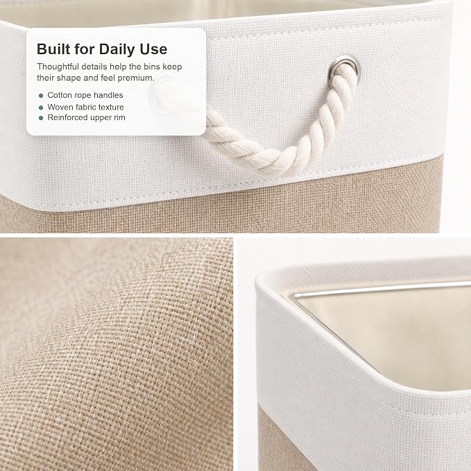 11x11 Inch Cube Storage Bins, 6 Pack Collapsible Fabric Storage Cubes with Rope Handles, Waterproof Foldable Storage Baskets for Cube Shelves, Closet, Clothes, Toys, Books, White & Beige