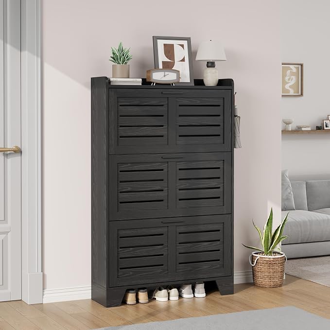 Garvee Shoe Storage Cabinet with 3 Flip Drawers, Freestanding Shoe Organizer Storage for Entryway with 2 Side Hooks, Farmhouse Hidden Slim Narrow Shoe Rack Cabinet, Black
