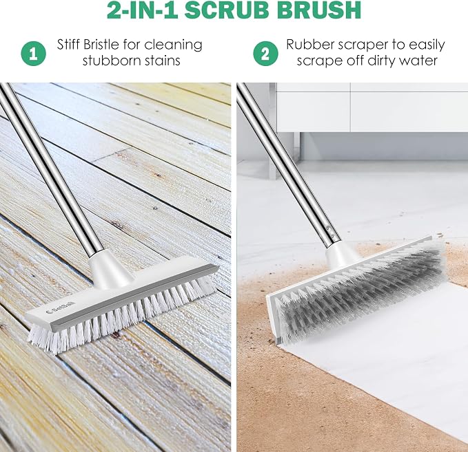 SetSail Floor Scrub Brush and Grout Brush with 51-Inch Long Adjustable Handle 2 in 1 Scrape Brush Stiff Bristle Floor Scrubber for Cleaning Shower Bathroom Garage Kitchen Deck Tub Tile, Grey White