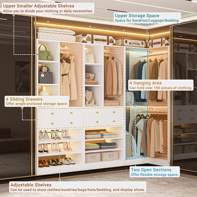 Besiost Closet System with 4 Drawers and Hanging Rods, 59.5"L / 87"L Closet Organizer System with Corner Tower, L Shaped Walk-in Closet System, Corner Closet System with Shelves, Set of 3, White