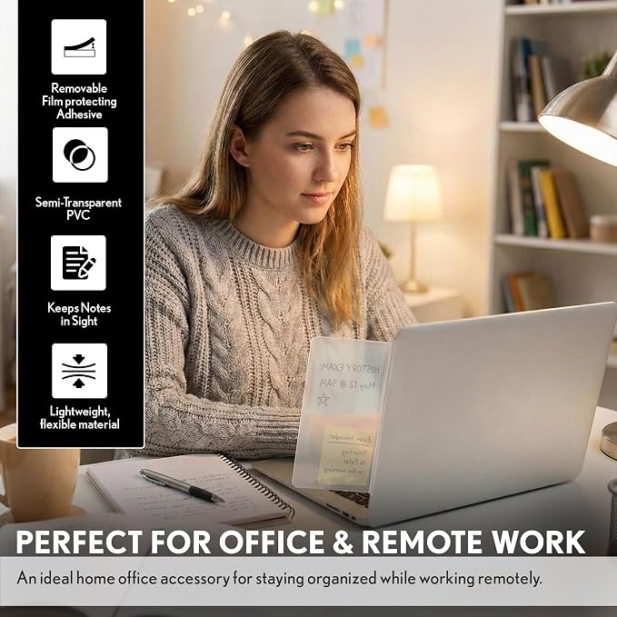 Computer Monitor Memo Board, 4 Pack, Sticky Note Holder, Semi-Transparent Flexible PVC, Monitor Adhesive Message Boards, Desk Accessories & Workspace Organizers, 12" L x 3" W, Non-Acrylic