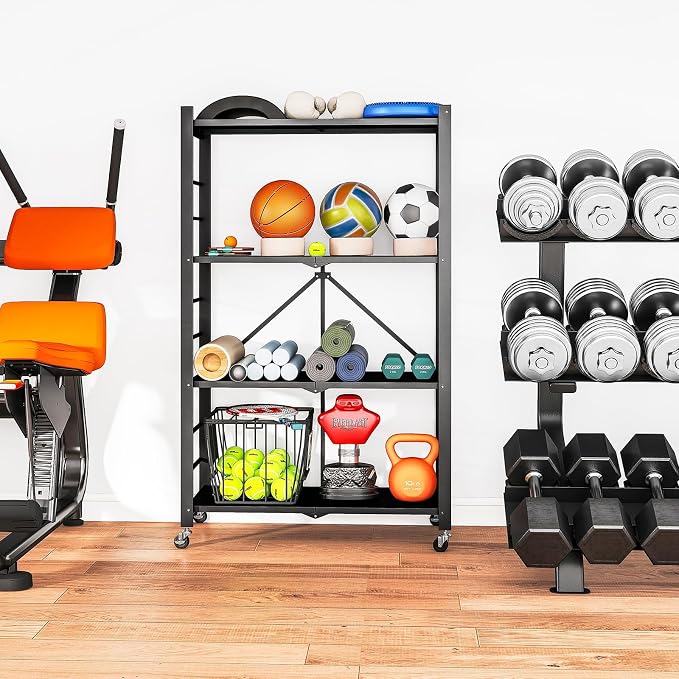 Fenbeli Foldable Shelves with Wheels - 4 Tier Folding Shelf, Collapsible No Assembly Metal Shelving Unit, Origami Storage Shelves & Rolling Storage Rack with 8 Hooks for Kitchen Pantry Garage