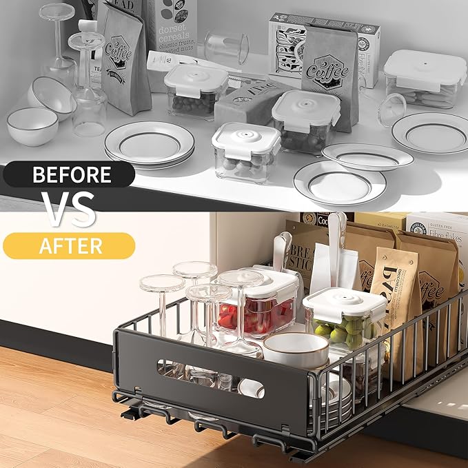 PureBox Pull Out Cabinet Organizer, Slide Out drawers for cabinets, Heavy Duty Carbon Steel Roll Out Shelves for kitchen, bathroom, pantry (14.7’’-23.1’’ Slide, Adhesive & Screw), Black (2)