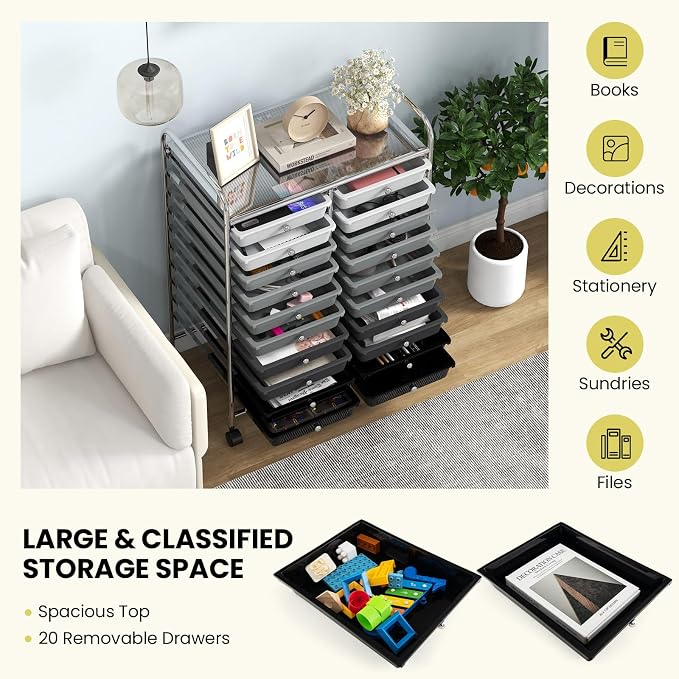 DREAMADE Rolling Cart with Storage Drawers, Utility Cart with Removable Plastic Drawers, Lockable Wheels, Art Cart for Classroom Organization Art Supplies Office Scrapbook (20 Drawers, Mixed-black)
