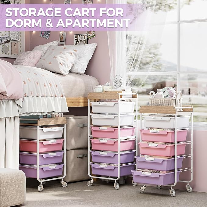 SYKIARIOL Utility Cart with 6 Labeling Drawers and Wooden Tabletop – Rolling Storage Cart for Crafters, Artists, Kids, Teachers, and Students – Organize Arts, Crafts, Sewing & Study Supplies