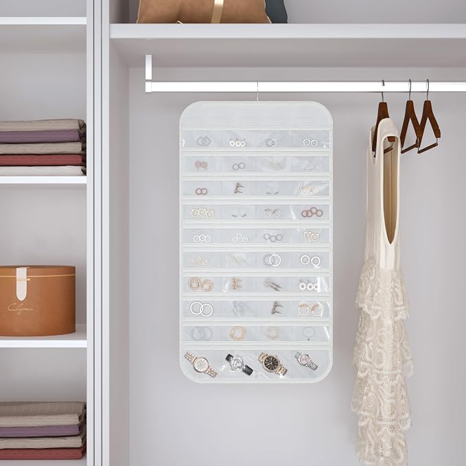 Double-Sided Hanging Jewelry Organizer for Necklaces Earrings, 2-Pack White | Foldable 36 hooks & 40 clear pockets; swivel hook fits walls, doors & rods for earrings, bracelets, rings & small jewelry