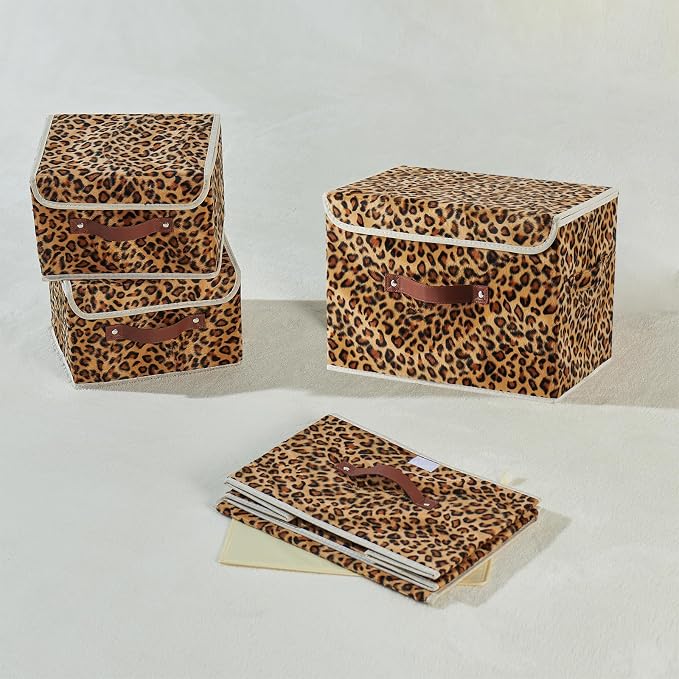 Storage Bin with Lid Decorative Cute Leopard Print Box Basket | Velvet Fabric, Faux Leather Handles, Washable PP Board, Foldable Lidded Clothes Container, Shelf Closet Organizer, Small Size