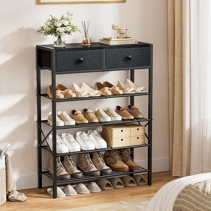 Shoe Rack for Entryway, 5 Tier Shoe Organizer with 2 Non-Woven Drawers, Metal Storage Shoe Shelf for 16-20 Pairs of Shoes, with Wooden Top and Steel Frame, Shoe Stand for Closet Black Grey