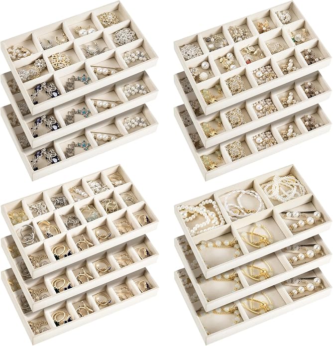 Junkin 12 Pcs Jewelry Tray Velvet Stackable Jewelry Organizer Trays Divided Earring Accessories Storage Containers Box (Rose Red)