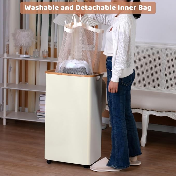 IEGrow Laundry Basket with Wheels 110L Clothes Hamper for Laundry,Beige | Laundry Hamper with Lid and Bamboo Frame, for Laundry Room, Bedroom, Dormitory Storage