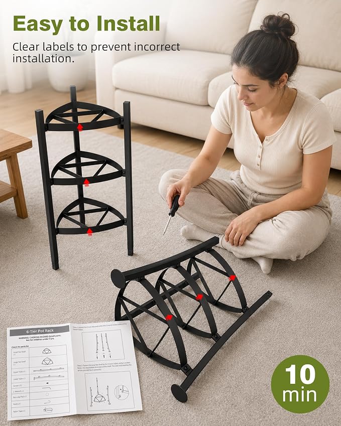 6-Tier Cast Iron Freestanding Pot Rack, 264 Lbs Capacity Cookware Storage Tower with 6 Hooks, Pot and Pan Organizer for Kitchen and Dining Room, Matte Black