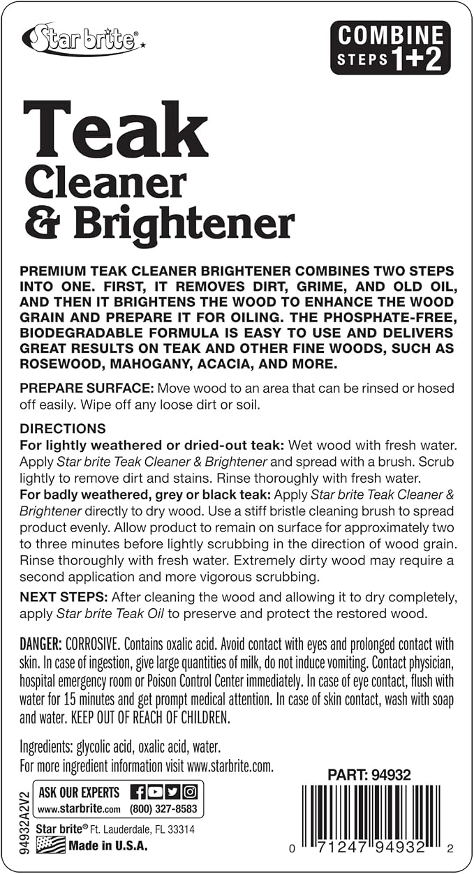 Star Brite Teak Cleaner & Brightener, Restore Weathered Wood, 32oz (094932) | Restore Weathered Wood