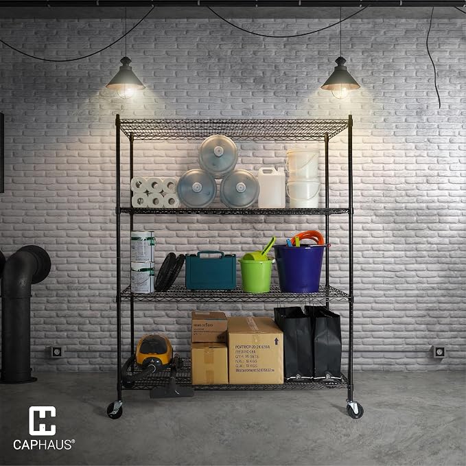 CAPHAUS 4-Tier Commercial Grade Heavy Duty Adjustable Height Wire Shelving w/Wheels & Leveling Feet, Storage Metal Steel Shelf, Garage Shelving Storage, Utility Wire Rack Storage Shelving Unit, 60" W