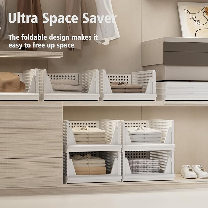 Proarea 5 Pack Stackable Storage Bins, Closet Organizers and Storage, Foldable Closet Organizer Baskets for Clothes, Plastic Drawer Bins for Closet Organization, Wardrobe Shelf, Laundry Room, White
