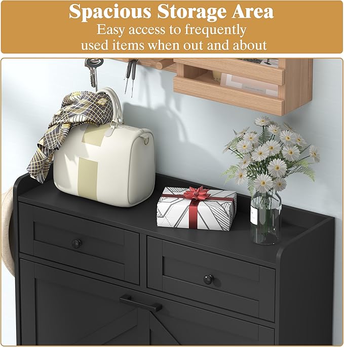 Thacuok Black Shoe Cabinet with 2 Flip Drawers & 2 Storage Drawers, Rustic Farmhouse Narrow Shoe Organizer Cabinet, Slim Shoe Rack Cabinet, Shoe Storage Cabinet for Entryway, Hallway