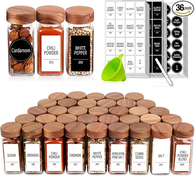 Churboro 36 Pack 4oz Glass Spice Jars with 547 Labels, Acacia Wood Lids | Empty Square Spice Bottles with Acacia Wood lids, Labels, Funnel & Chalk Pen. Keep Seasoning Containers Neat and Organized