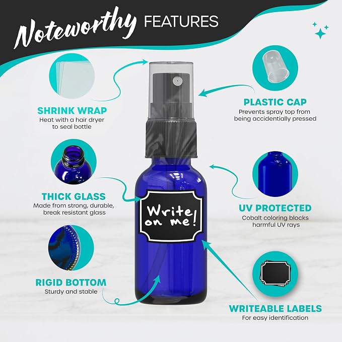 Nevlers Blue Glass Small Spray Bottle 1 Oz 48 Pack Mini Spray Bottle Set | Leakproof Glass Spray Bottles for Cleaning & More w/ Shrink Wrap, Funnel, Brush & Labels | Perfume Travel Refillable Bottles
