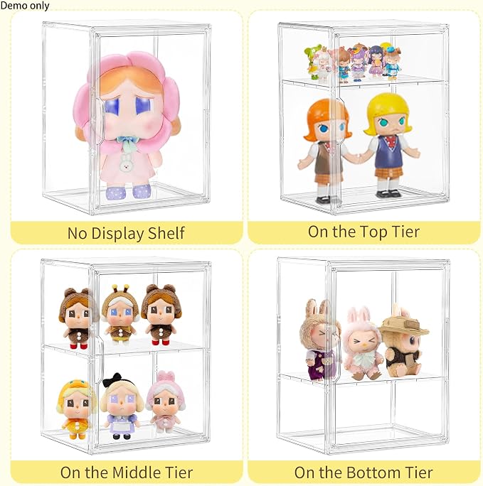 LXLXXL 2 Tier Stackable Acrylic Display Case with Magnetic Lids, 2 Pack | Clear Stackable Bins with Magnetic Lids, Clear Storage Box for Figures and Makeup, Durable Dustproof Display Case Organizer