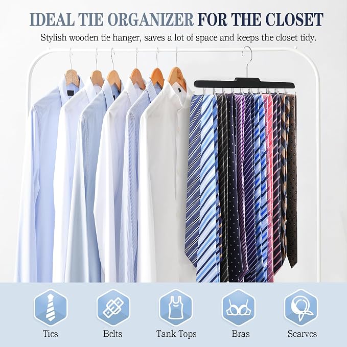 Tie Rack Hanger for Closet, Upgraded Tie Holder Organizer for Men, Black | Non Slip Neck Tie Organizer with 20 Foldable Hooks, Belt Hanger Space Saving, Fits for Tank Tops Bras Cami Scarves