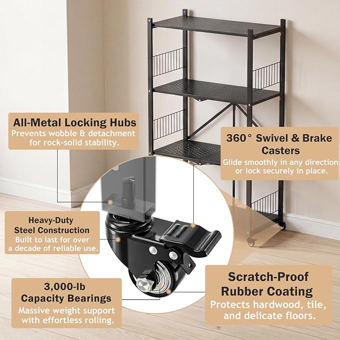 Folding Storage Shelves, 4-Tier Metal Foldable Shelf Shelving Rack Organizer On Rolling Wheels in Kitchen Warehouse Patio Pantry Garage Collapsible Shelves No Assembly (Black, 4-Layer)