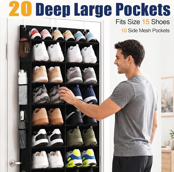 UVIAHOMI 20-30 Pairs Over the Door Shoe Organizer with Side Mesh Pockets, 10-Tier Hanging Shoe Storage for Closet, Breathable Door Shoe Rack Holds Sneakers, Boots, Heels & Daily Essentials, Black