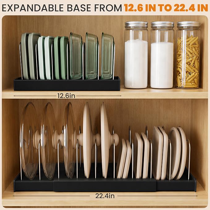 2 Pack Expandable Pot Lid Organizers with 10 Adjustable Dividers | 12.6-22.4 Inch Pots and Pans Organizer Rack Under Cabinet, Countertop, Pan Lids, Bakeware, Food Container Lids, Black