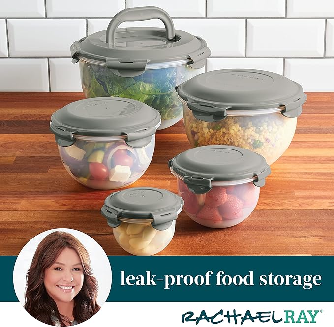 Rachael Ray Leak-Proof Nestable Container Food Storage Bin Set, 10-Piece, Clear with Gray Lids
