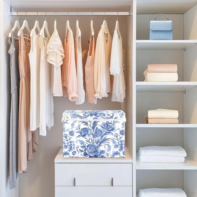 Flower Blue Lidded Storage Bins with Handles - 16.5"x12.6"x11.8" Foldable Organizing Box, Oxford Fabric & Honeycomb Board, Dust-Proof Flip Lid for Closet/Office