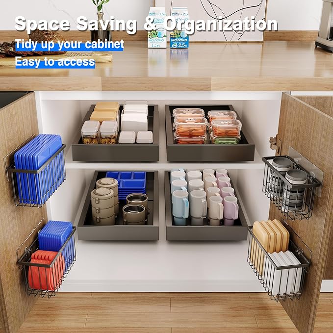 MUSTORN 3 Pack Adhesive Cabinet Door Organizer, Lid Organizers Inside Cabinet Food Container/Tumbler Lid Organizer and Storage Cup Lids Holder for Kitchen & Bathroom Wall Mounted(Black)