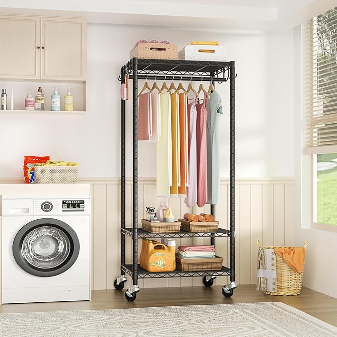 FUTASSI Rolling Clothes Rack, Clothing Racks for Hanging Clothes, Black | P6 Mini Heavy Duty Garment Rack with Wheels, Freestanding Portable Closet Rack with Shelves, 23.6 In Wide, Max Load 360 LBS