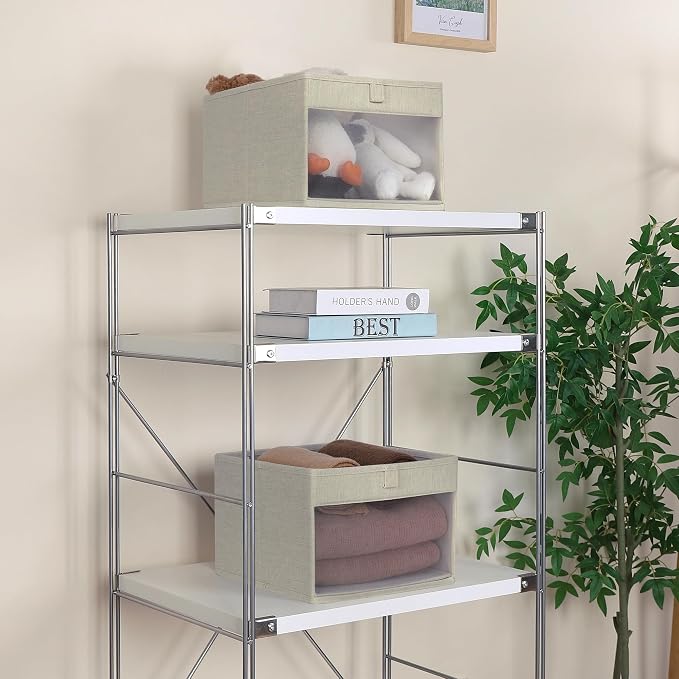 WUIKE Closet Storage Bins with Clear Window, Fabric Organizer Baskets with Handles, Foldable Linen Closet Organizers and Storage for Shelves, Line Beige, 11" L x 11" W x 8" H, 3 Pack