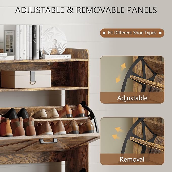 Shoe Cabinet with 2 Flip Drawers, Freestanding Hidden Shoe Storage Organizer for Entryway, Narrow Slim Shoe Rack Cabinet with Open Storage & Hooks for Front Door Entrance, Living Room, Hallway, Brown