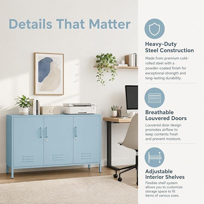 32" Blue 3 Door Lockable Metal Cabinet, Freestanding Heavy Duty Storage Locker with Adjustable Shelves for Home Office Kitchen Living Room