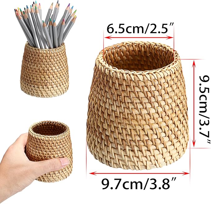 BTSKY 3 Pack Rattan Pen Cup, Handmade Desk Pencil Holders Makeup Brush Holder Multi-Functional Woven Basket Office&Home Desktop Organizer (Cone)