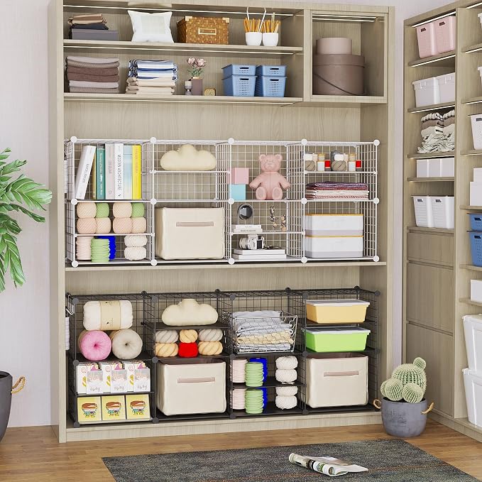 C&AHOME Wire Cube Storage Unit,Interlocking Metal Wire with Divider, White | Modular Cabinet with Plastic Panels Bookshelf Stackable Closet Organizer with Small Hooks