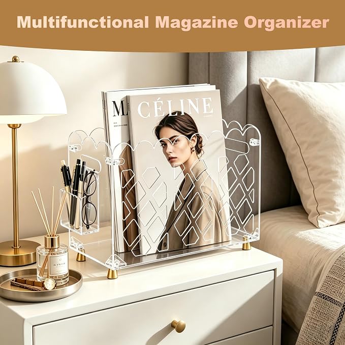 Clear Acrylic Magazine Holder with Handle and Detachable Pen Holder | Wave-Edge Floor Magazine Rack with Replaceable Anti-Slip Gold Feet for Home, Office, Bathroom, or Living Room Storage