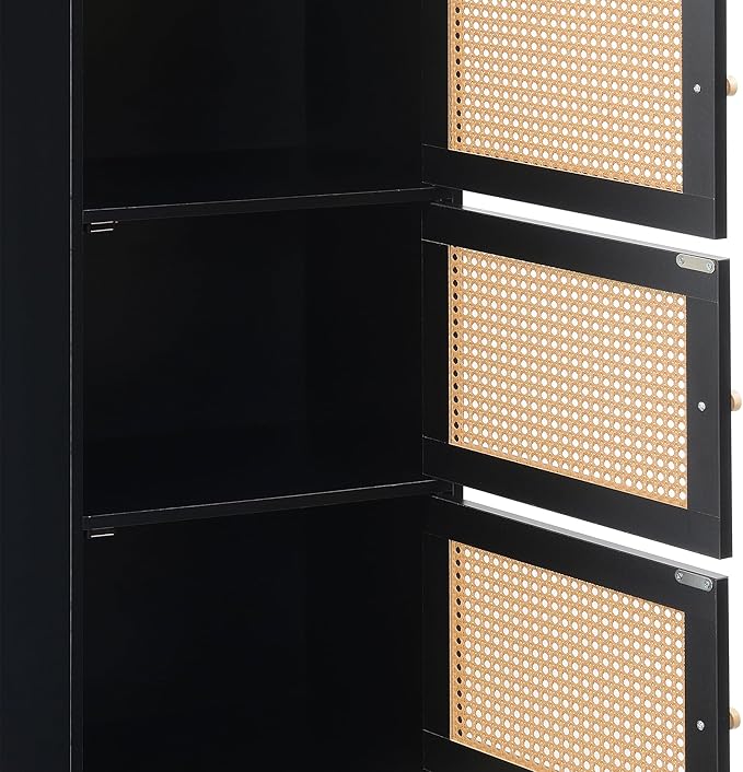 Convenience Concepts Xtra Storage Boho Weave 3 Door Cabinet 16.5" - Modern Rattan Organizer with Shelf for Living Room, Bathroom, Office, Home Library, Closet, Black/Beige Barley