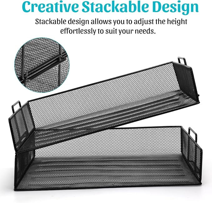 Office Drawer Organizer, 2 Tiers Stackable Paper Tray Organizer for Desk, Standing Papers File, Black Mesh/Office File Collation