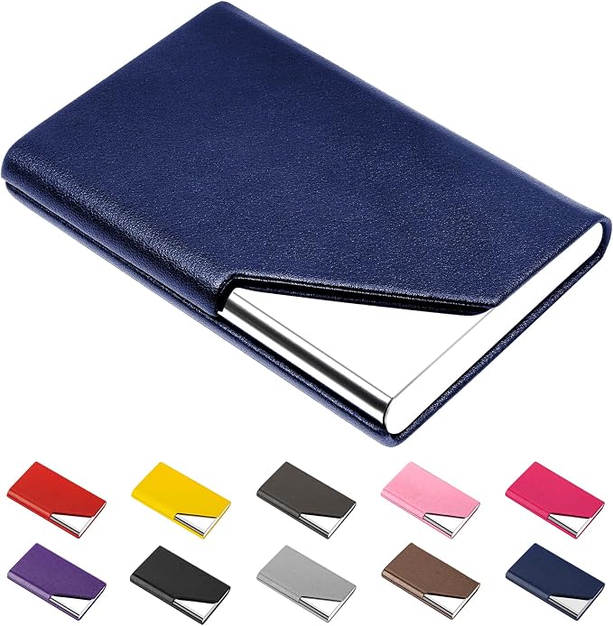 Padike Business Card Holder, Upgraded Leather Business Card Case Pocket Card Holders for Men or Women, Metal Slim Name Card Holder RFID Blocking Business Card Carrier with Magnetic Closure(Blue)