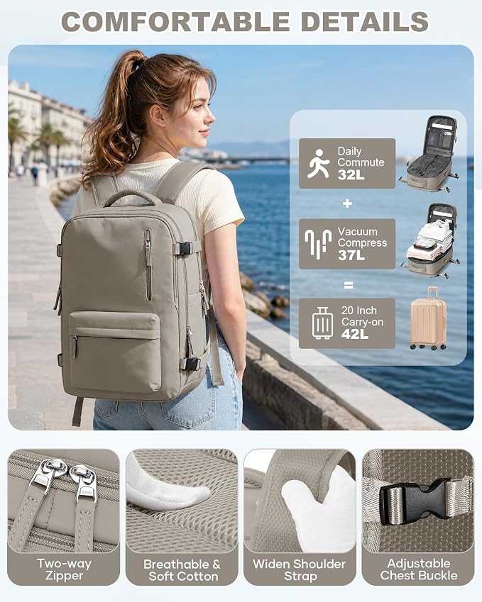 WONHOX Vacuum Seal Backpack for Travel with Air Pump 18x14x8 inches Vacpack Carry on Flight Approved Compression Daypack Laptop Space Saver Bag Storage with Vacuum System Travel Bags Women GreyBrown