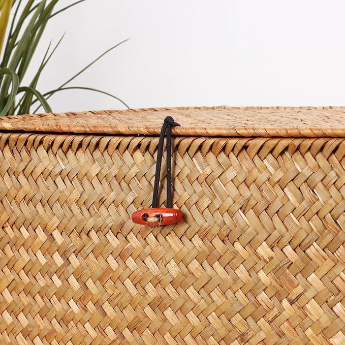 Moosky Wicker Shelf Baskets with Lid,Natural Seagrass Storage Basket Boxes Handwoven Rectangular Baskets Bins Multipurpose Home Organizer Decor (Large+Medium+Small)