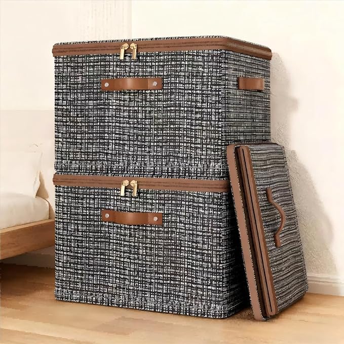 4 Pack 26.4 Quart Fabric Storage Bins with Lid, 15.7x11.8x8.3 in Stackable Closet Organizer Baskets, Foldable Polyester Cube Storage with Handles, Decorative Organizer Boxes for Shelves, Grey