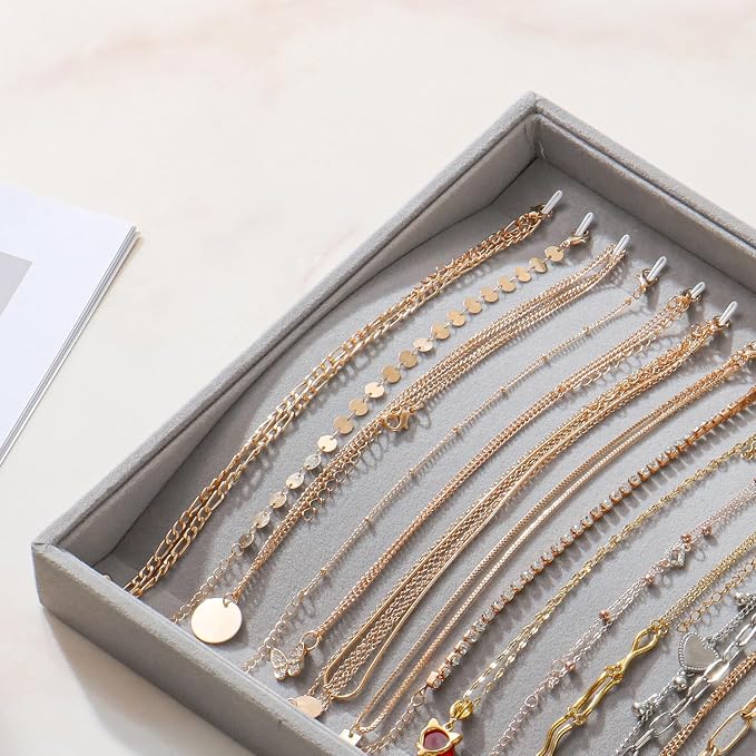 Large Jewelry Organizer for Drawer Insert Velvet Stackable Jewelry Trays for Earring Necklace Bracelet Ring Display (Gray, 20 Hooks)