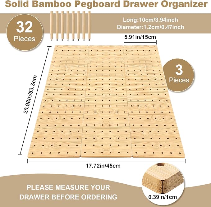 Kigley 3 Pcs Bamboo Wood Pegboard Drawer Organizer with 32 Pegs Wooden Peg Board Drawer Shelf Organizer Adjustable Peg System for Dishes Plate Pot Container Cookware Utensil Kitchen