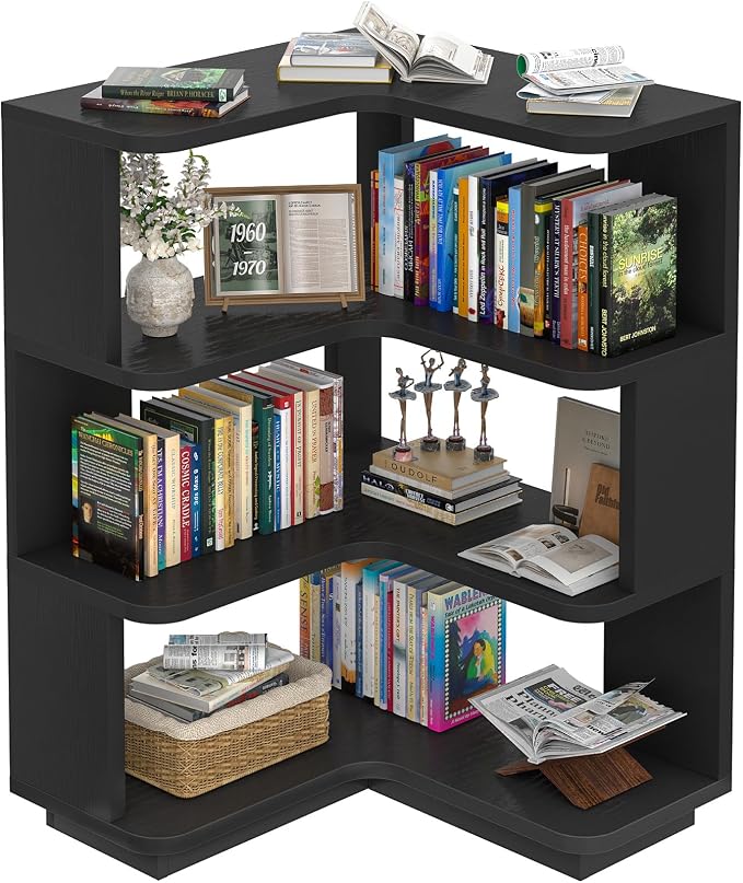 Armocity Corner Book Shelf - 4 Tier Corner Bookshelf Etagere Bookcase with Baffle, Freestanding L Shaped Display Shelf Stand for Home Office, Living Room, Bedroom, Kitchen, Black