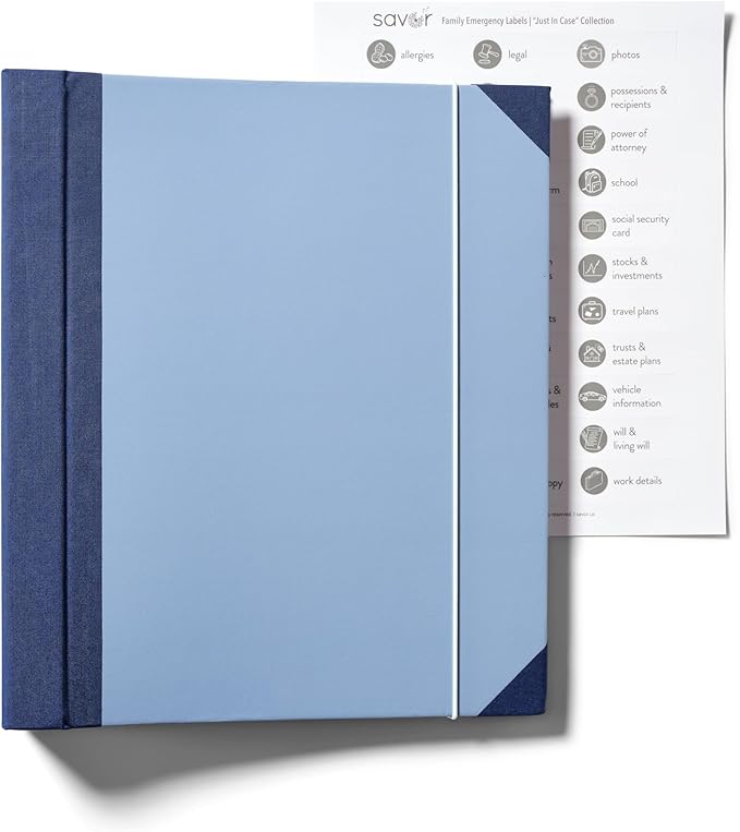 The Folio® If I Die Binder Organizer with Labels by Savor | Acid-Free Important Document Organizer with 10 Pockets, Document Holder for Birth Certificate, Wills, and Investment Plans (Blue)