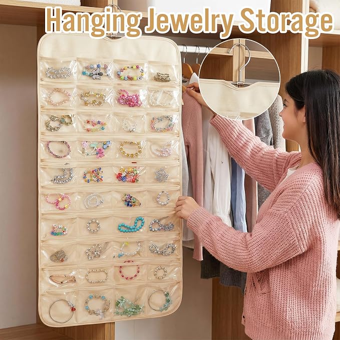 4 Pcs Hanging Jewelry Organizer with 80 Pockets | Dual-Sided Jewelry Holder Hanging Storage Organizer Hanger Closet for Bracelet Necklace Ring Earring Accessories, Beige
