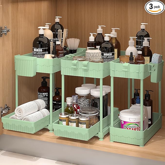Sevenblue 3 Pack Under Sink Organizers, 2-Tier Multi-Use Kitchen and Bathroom Organizers and Storage with Sliding Drawers, Bathroom Cabinet Organizer (Green, 14.8 Inch)